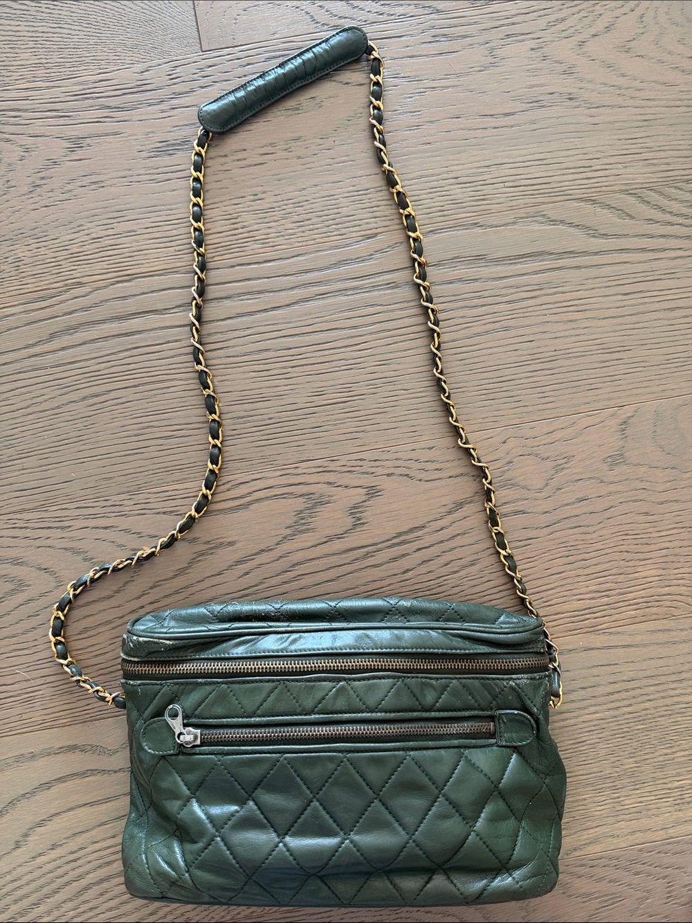 Quilted Olive Green Leather Crossbody with Gold Chain Strap